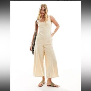 ASOS DESIGN linen tie back cropped jumpsuit in stone NWT $88 6 casual spring bow